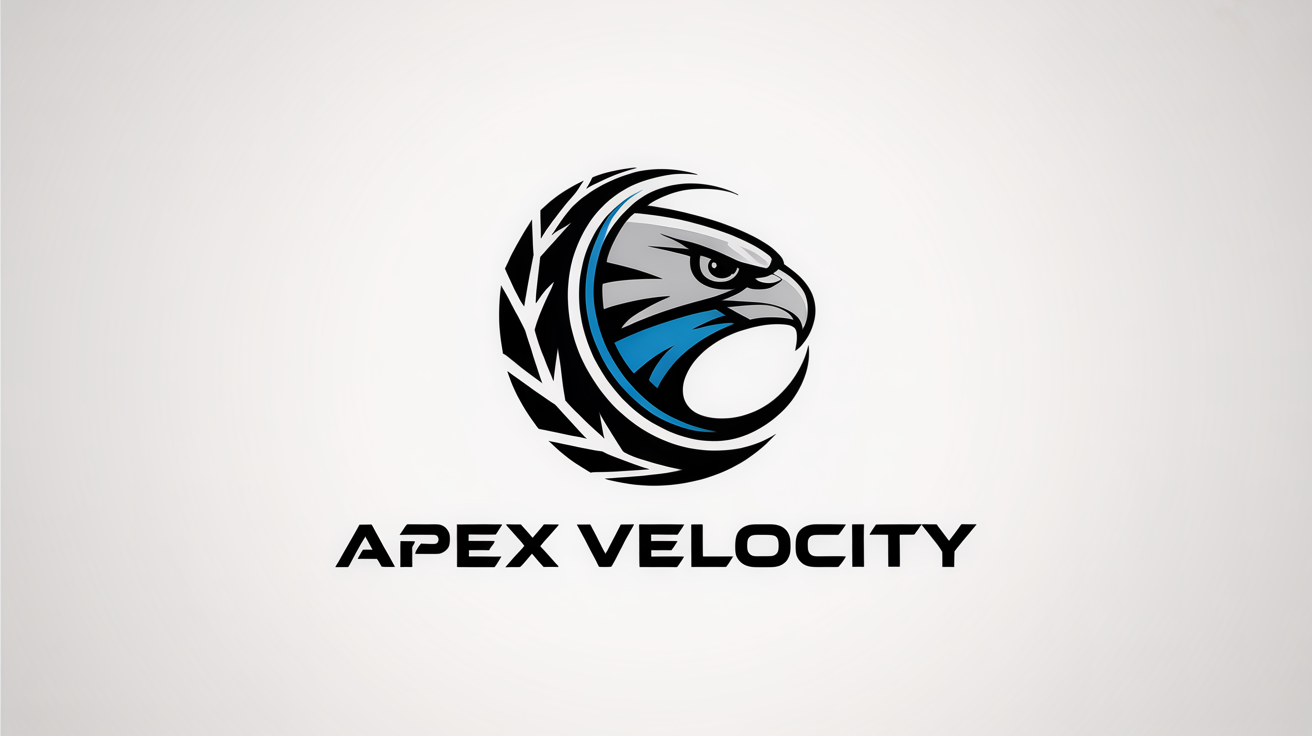 A modern racing logo for 'Apex Velocity', featuring a stylized blue and gray falcon head with a tire tread swoosh, on a clean white background.