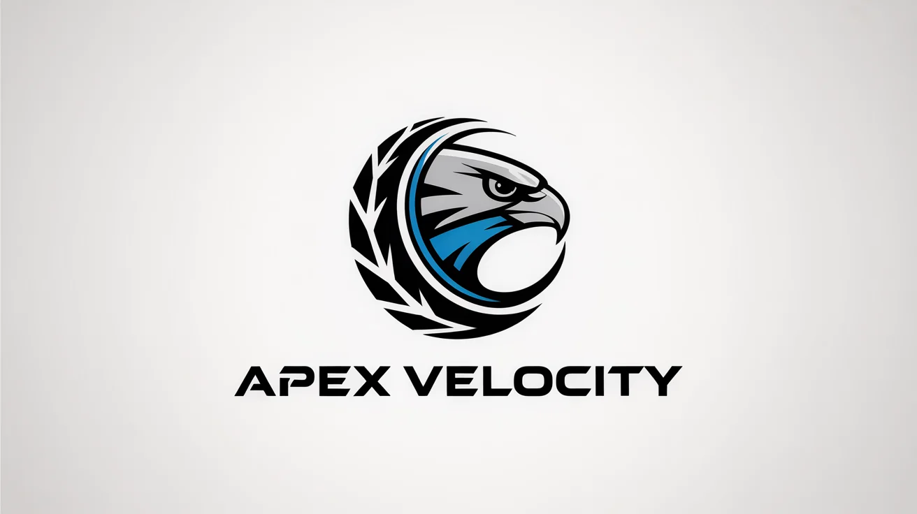 A modern racing logo for 'Apex Velocity', featuring a stylized blue and gray falcon head with a tire tread swoosh, on a clean white background.