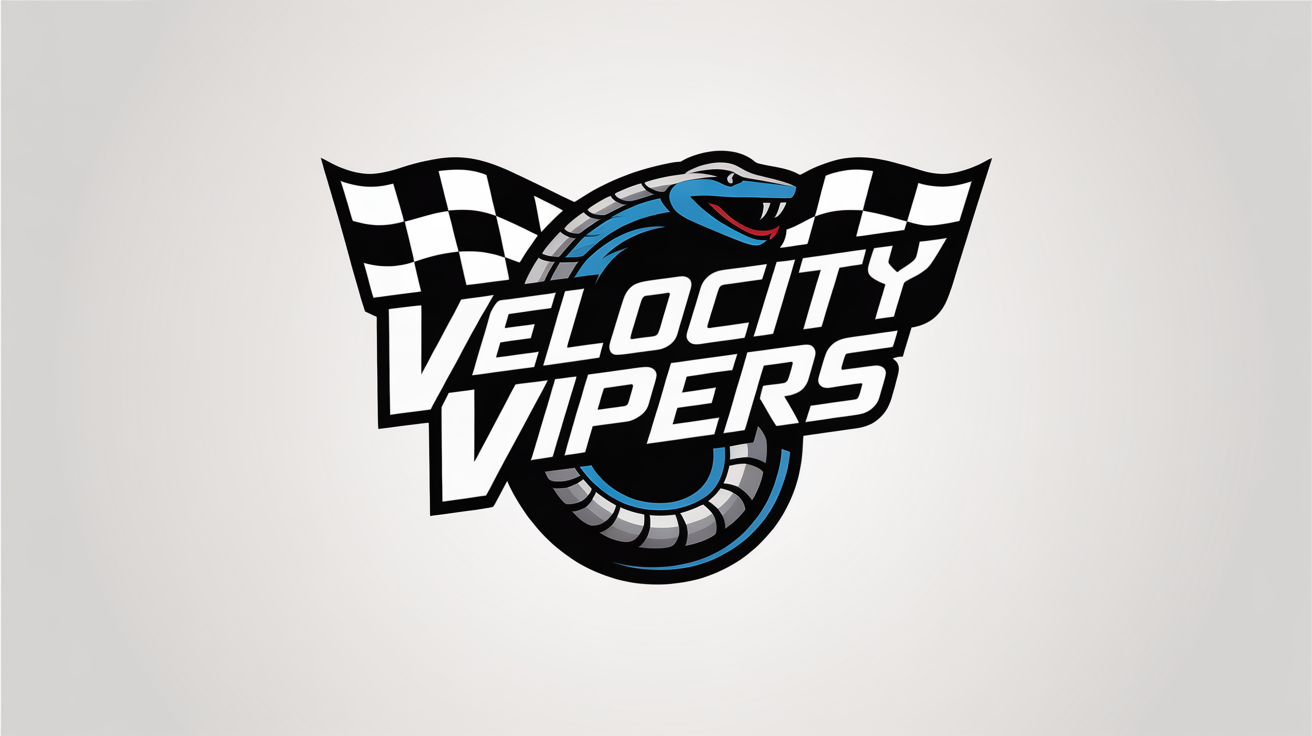 A modern racing logo for the 'Velocity Vipers' featuring a stylized viper snake head and checkered flag in blue, black, and silver, displayed on a white background.