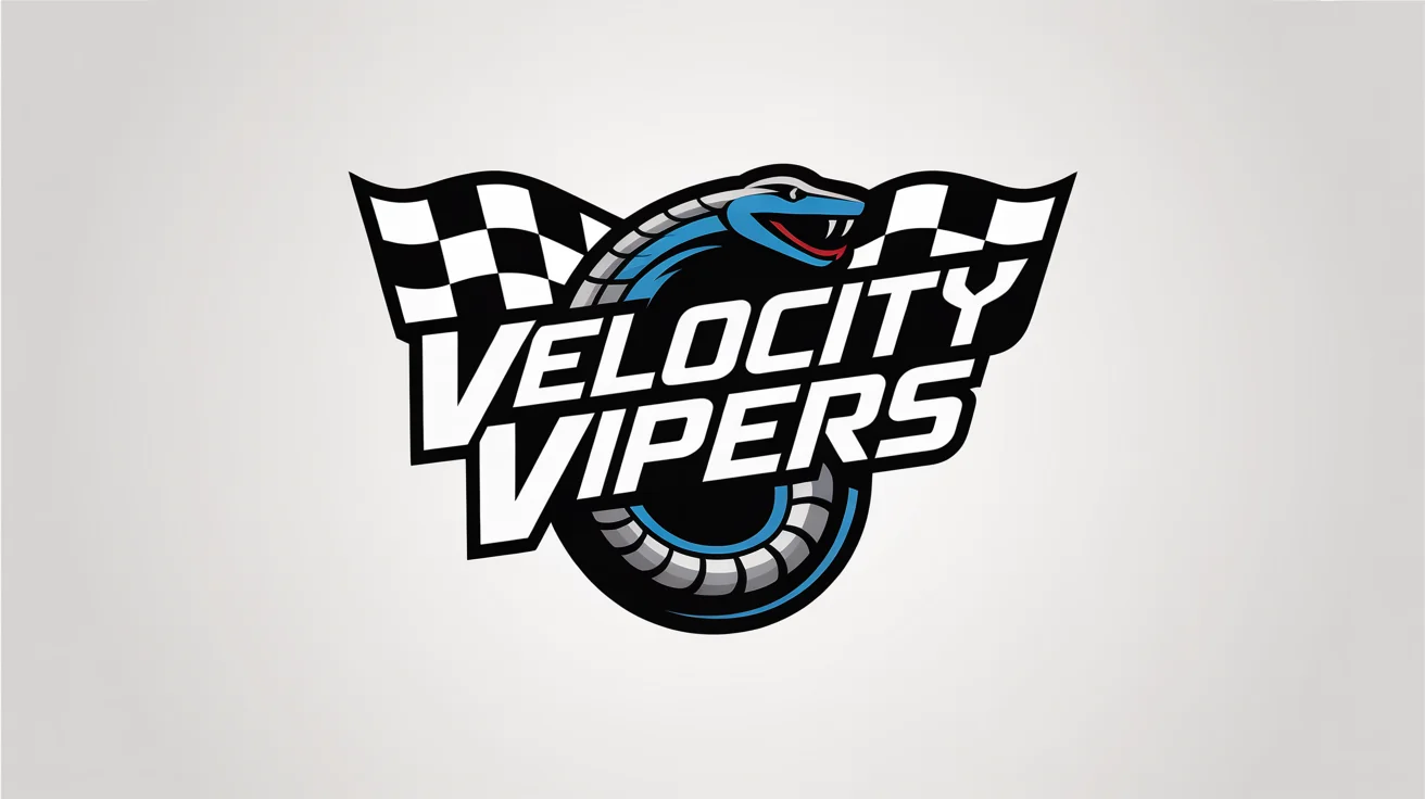A modern racing logo for the 'Velocity Vipers' featuring a stylized viper snake head and checkered flag in blue, black, and silver, displayed on a white background.