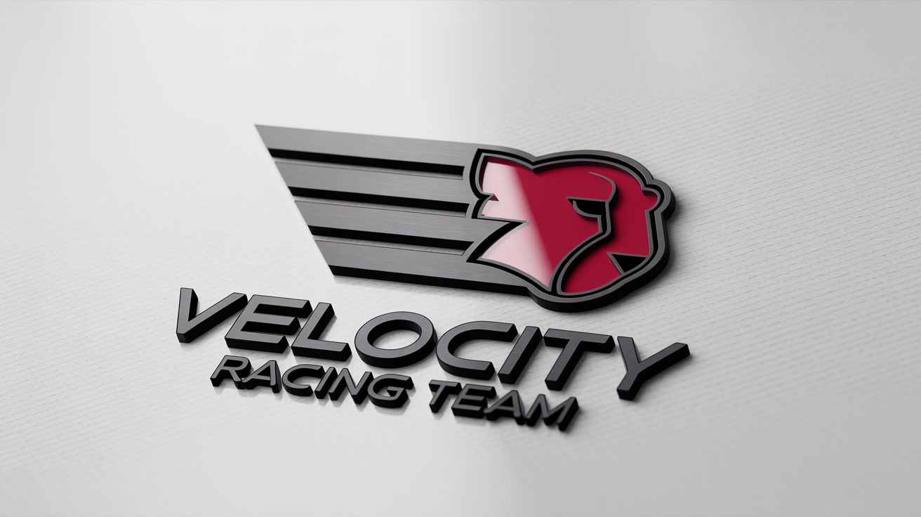 A 3D mockup of a modern racing logo for 'Velocity Racing Team'. The logo features a red and black cheetah head with silver accents, against a plain white background.