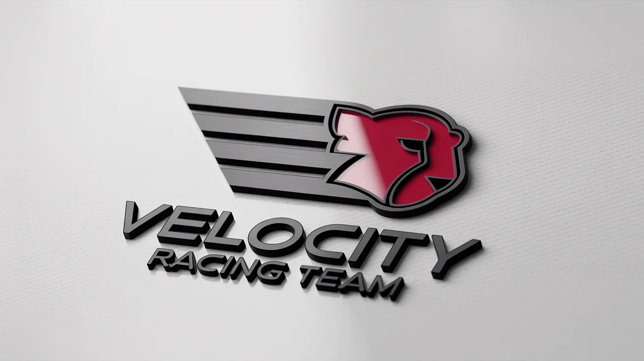 A 3D mockup of a modern racing logo for 'Velocity Racing Team'. The logo features a red and black cheetah head with silver accents, against a plain white background.