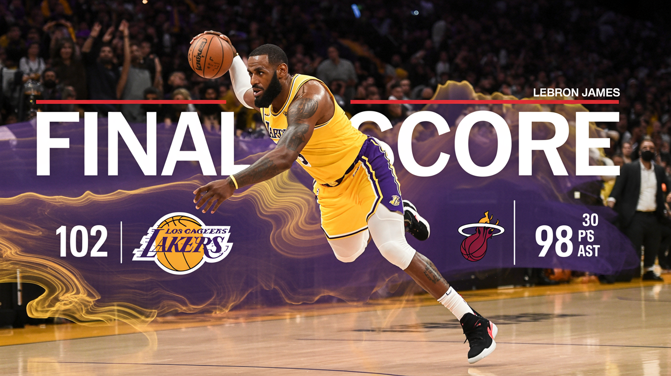 A professional final score graphic for a basketball game, showing the Lakers winning against the Heat 102-98. An action shot of LeBron James is featured with his stats of 30 points and 10 assists.