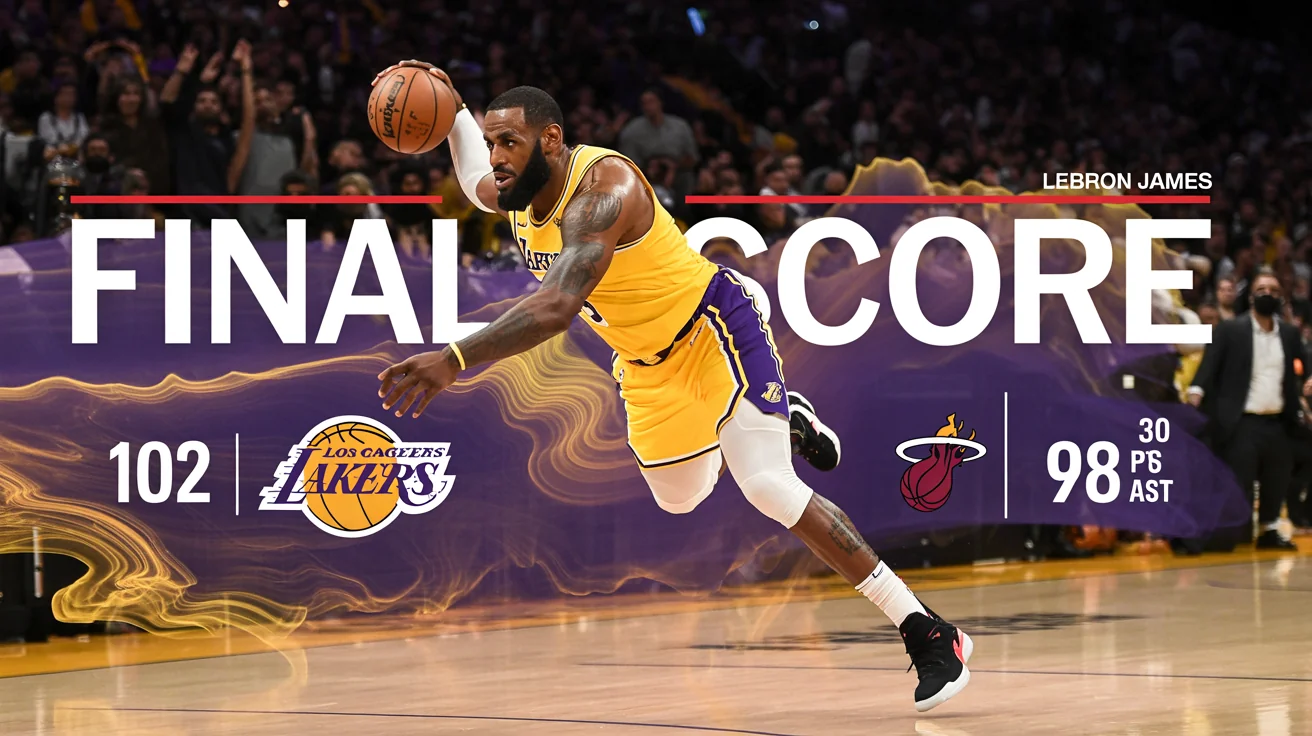 A professional final score graphic for a basketball game, showing the Lakers winning against the Heat 102-98. An action shot of LeBron James is featured with his stats of 30 points and 10 assists.