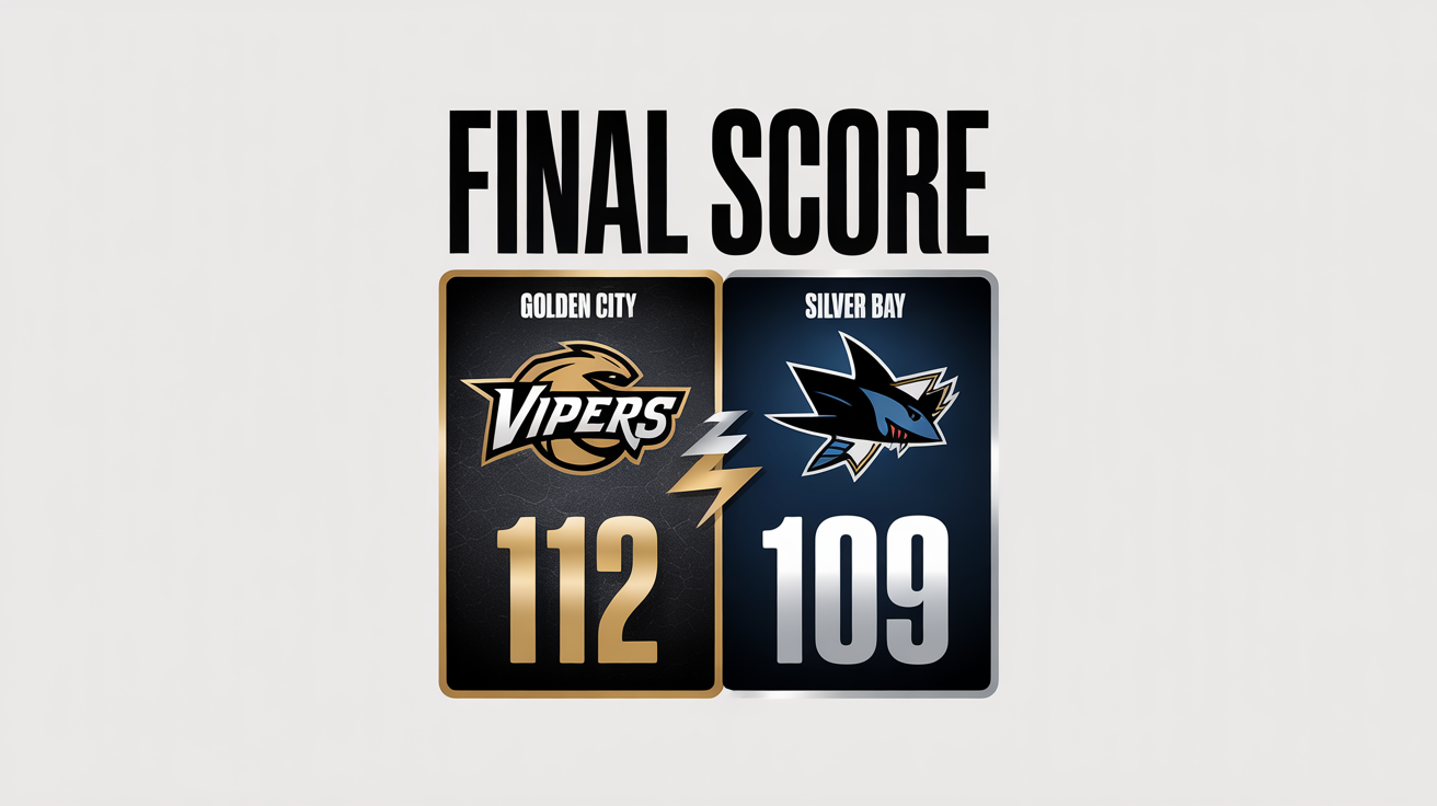 A modern final score graphic for a basketball game, showing the Golden City Vipers with a score of 112 and the Silver Bay Sharks with a score of 109. The mockup is presented on a plain white background.