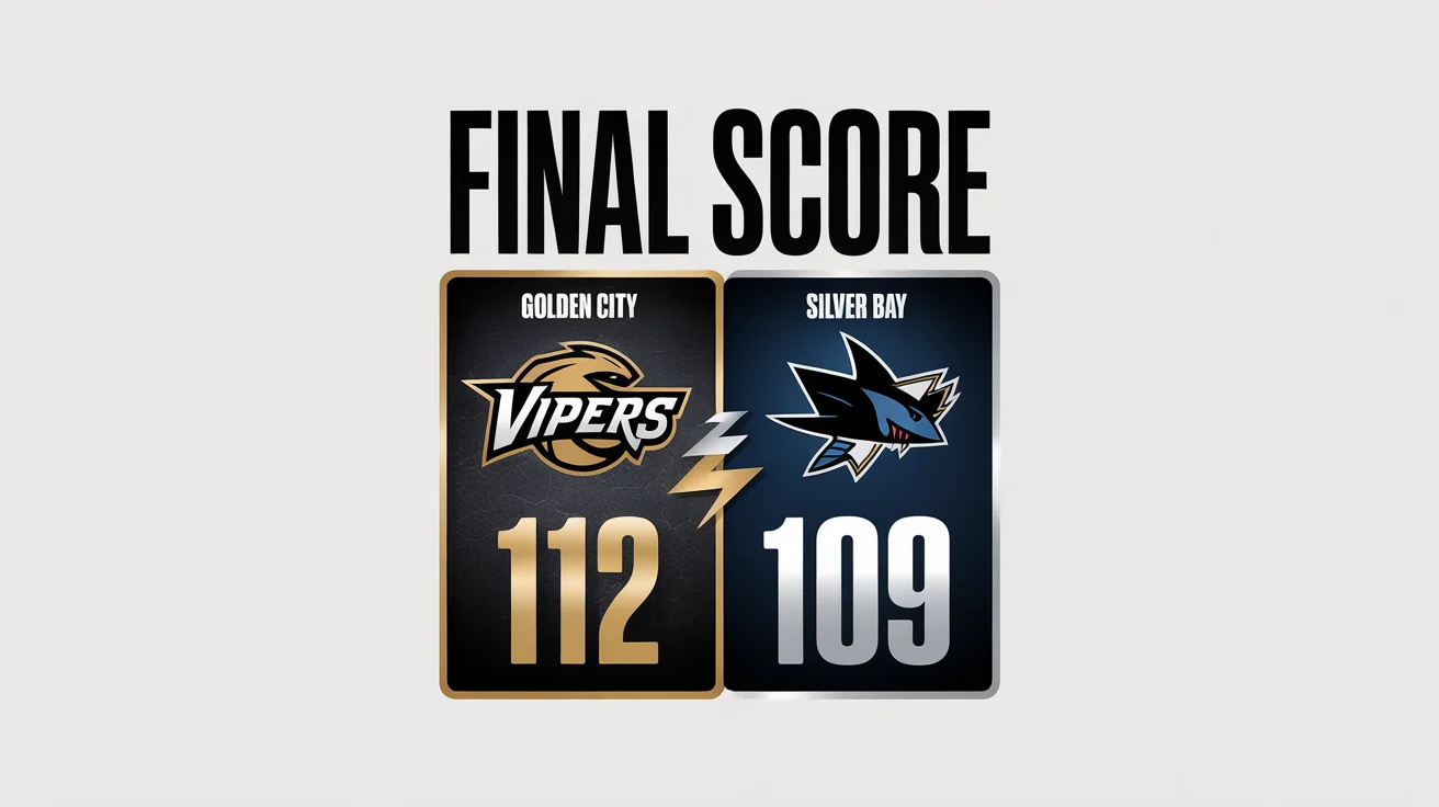 A modern final score graphic for a basketball game, showing the Golden City Vipers with a score of 112 and the Silver Bay Sharks with a score of 109. The mockup is presented on a plain white background.