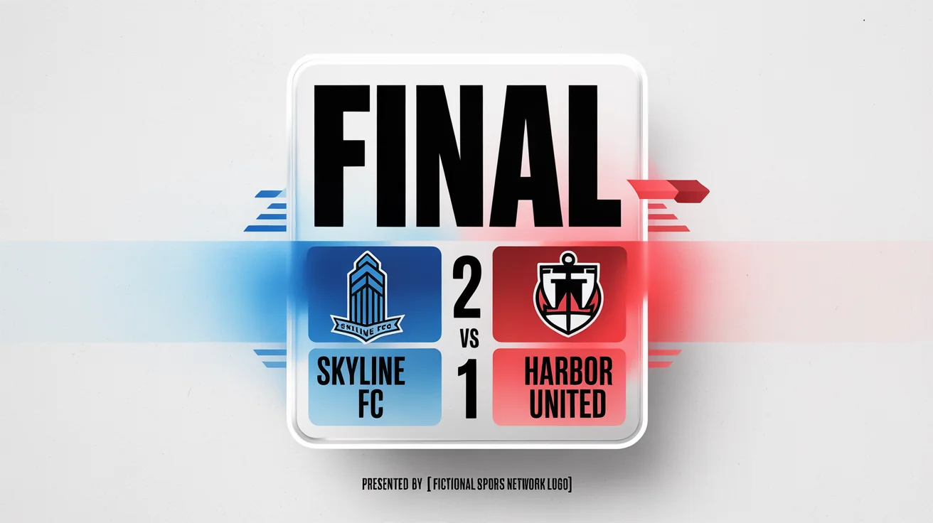 A professional final score graphic mockup for a soccer game showing 'Skyline FC' beating 'Harbor United' with a score of 2 to 1, displayed on a white background.