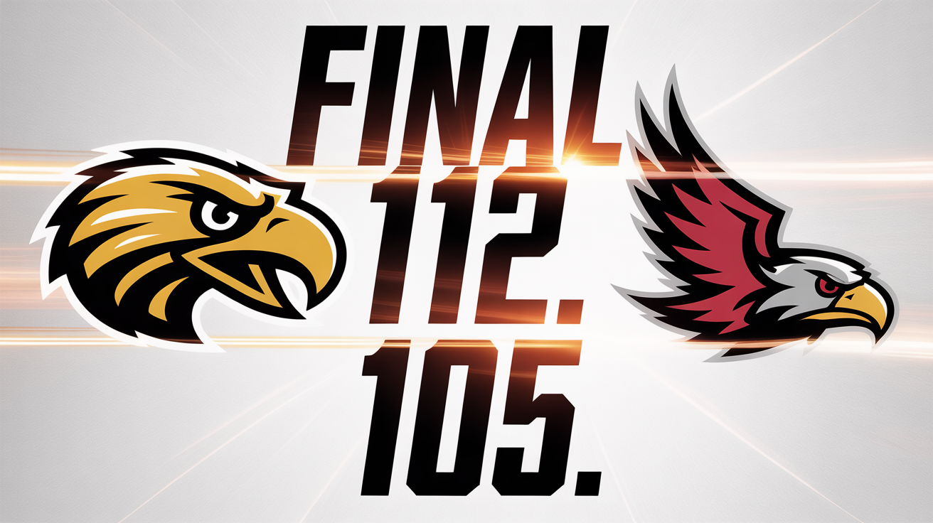 A sleek, modern final score graphic mockup for a basketball game, showing the Golden Eagles defeating the Crimson Hawks with a score of 112 to 105, isolated on a white background.