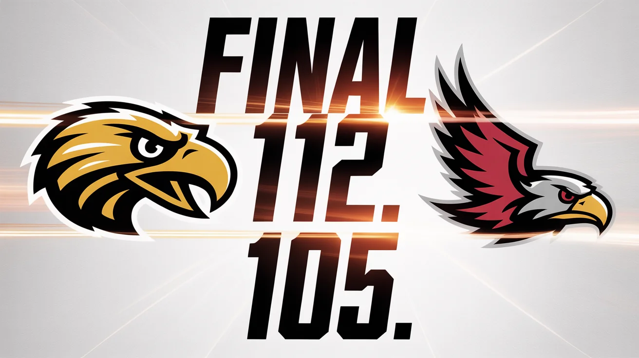 A sleek, modern final score graphic mockup for a basketball game, showing the Golden Eagles defeating the Crimson Hawks with a score of 112 to 105, isolated on a white background.