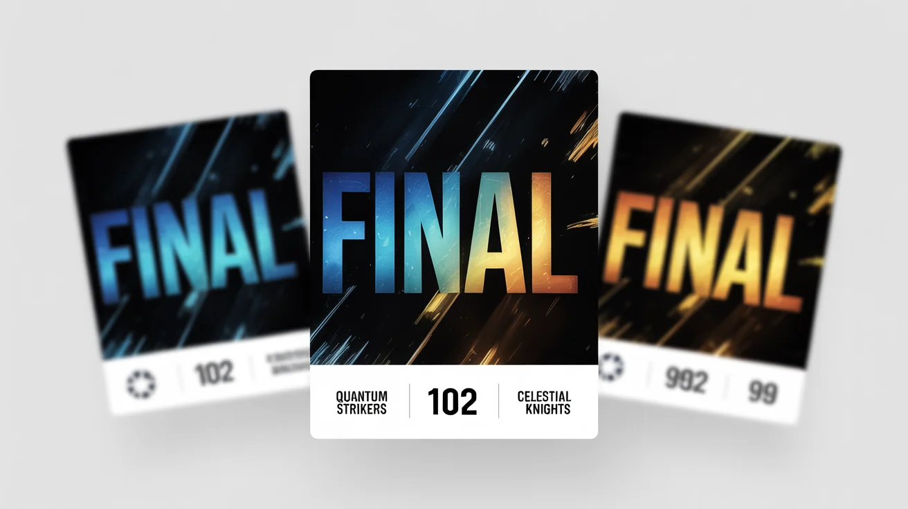 A professional final score graphic for a basketball match between the Quantum Strikers (102) and the Celestial Knights (99), displayed as a mockup on a white background.