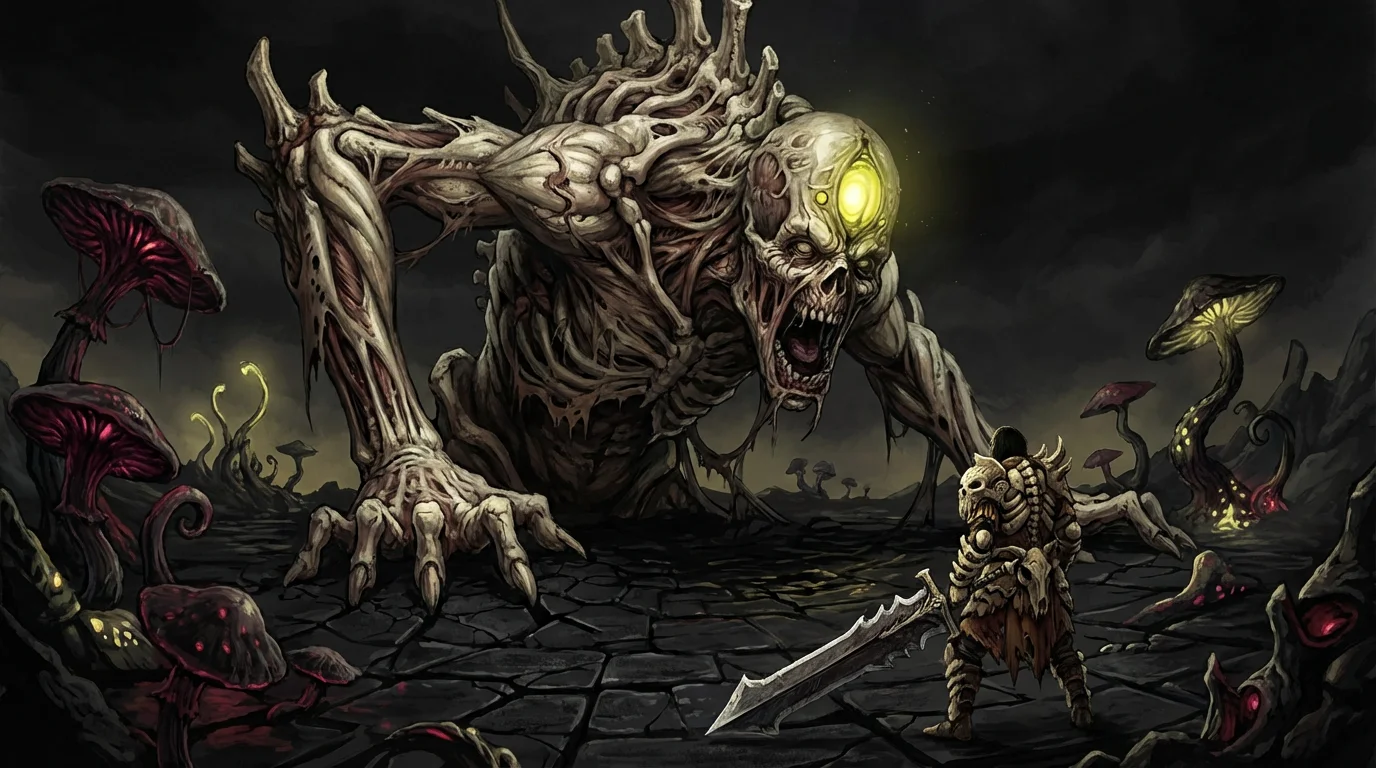 A dark fantasy illustration in the style of Kingdom Death: Monster, showing a massive, pale monster with a single glowing eye towering over a small, armored survivor wielding a large bone sword on a desolate, rocky plain.