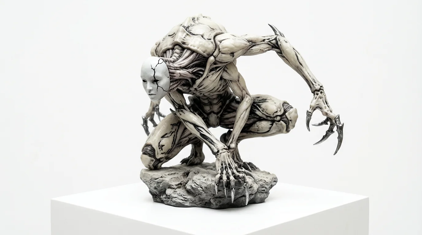 A detailed black and white illustration of a horrifying monster inspired by the Kingdom Death universe, featuring a porcelain mask and grotesque limbs, set against a plain white background.