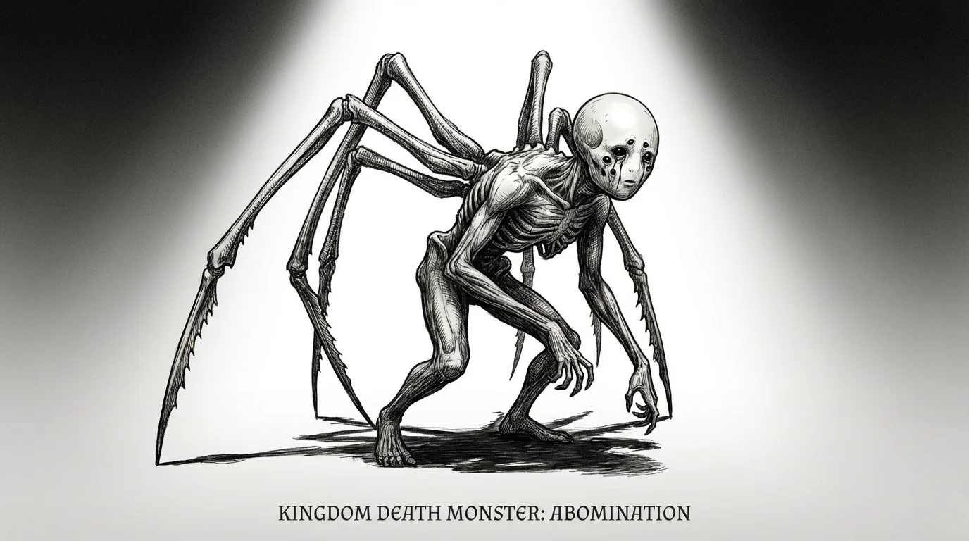 A hyper-detailed, black and white horror illustration in the Kingdom Death Monster style, featuring a grotesque creature with insect-like limbs and a featureless face with many eyes, isolated on a white background.