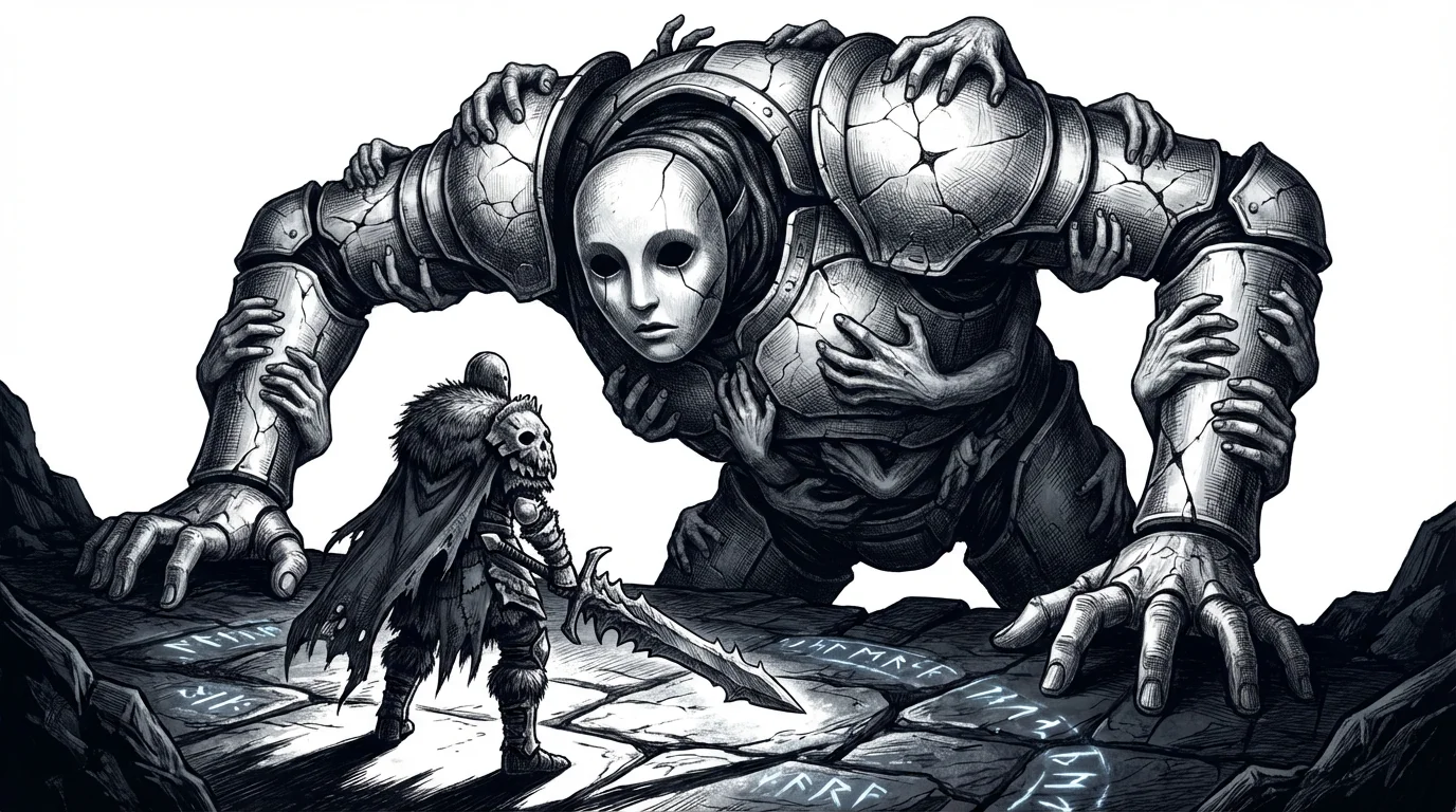 A terrifying, highly detailed monster inspired by Kingdom Death art, rendered in a black and white ink style, looms over a lone survivor clad in bone armor, all set against a stark white background.