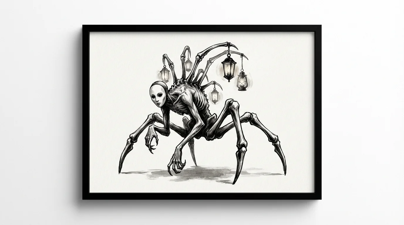 A horrifying monster illustrated in a black and white, high-contrast ink style, characteristic of Kingdom Death Monster art. The creature has a skeletal humanoid body with spider-like limbs and hangs glowing lanterns from its back, set against a plain white background.