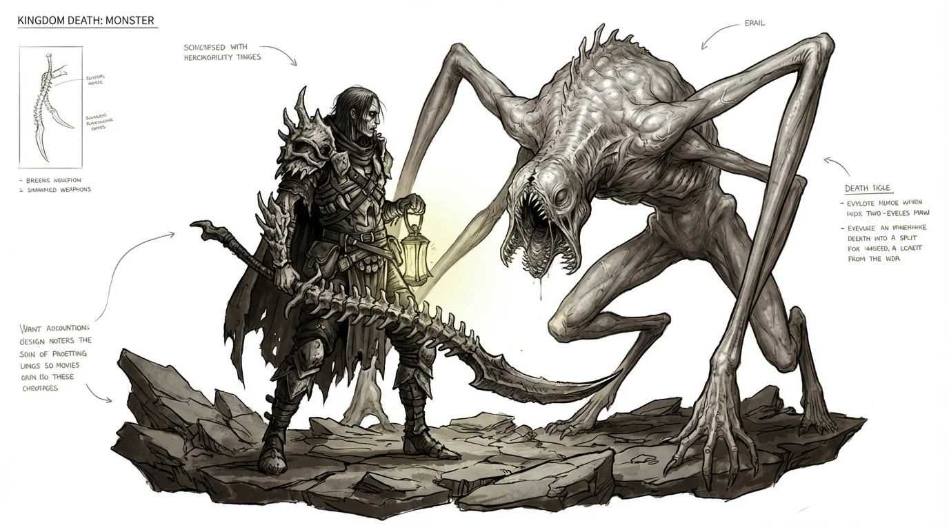 A macabre, hyper-detailed illustration in the style of Kingdom Death: Monster, featuring a heavily armored survivor facing a grotesque, colossal beast, all isolated on a stark white background.