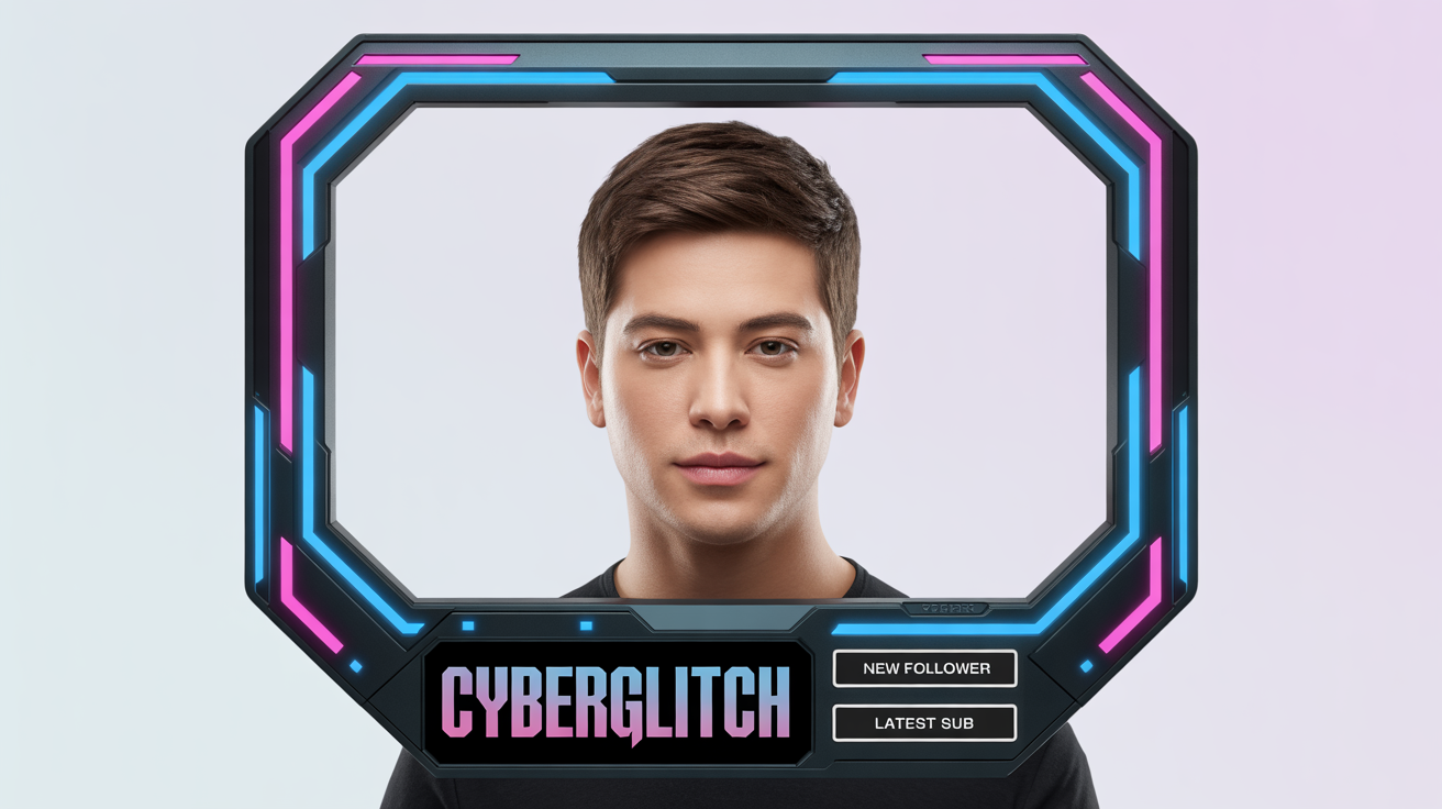 A futuristic Twitch webcam frame mockup with neon blue and pink lights, featuring placeholder text for 'CYBERGLITCH' and alerts for new followers and subscribers, set against a plain white background.