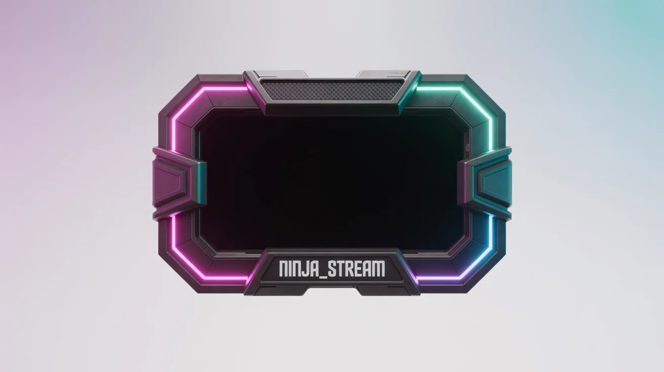 A mockup of a futuristic, neon-lit Twitch webcam frame featuring the text 'NINJA_STREAM', set against a plain white background.