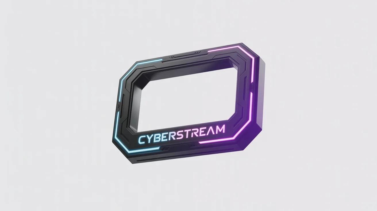 A sleek, futuristic Twitch webcam frame mockup with glowing blue and magenta neon lights, featuring the name 'CYBERSTREAM', presented on a plain white background.