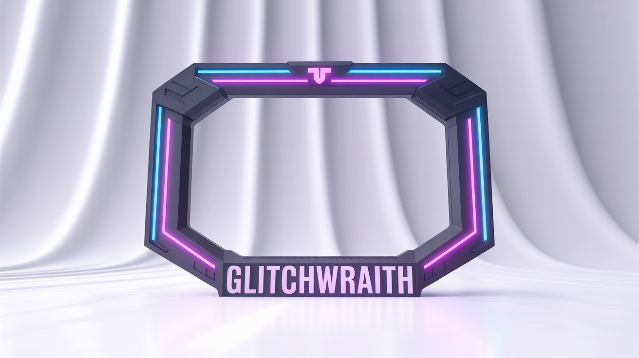 A futuristic Twitch webcam frame with a geometric design and glowing neon blue and magenta lights, featuring the name 'GLITCHWRAITH' at the bottom, displayed on a clean white background.