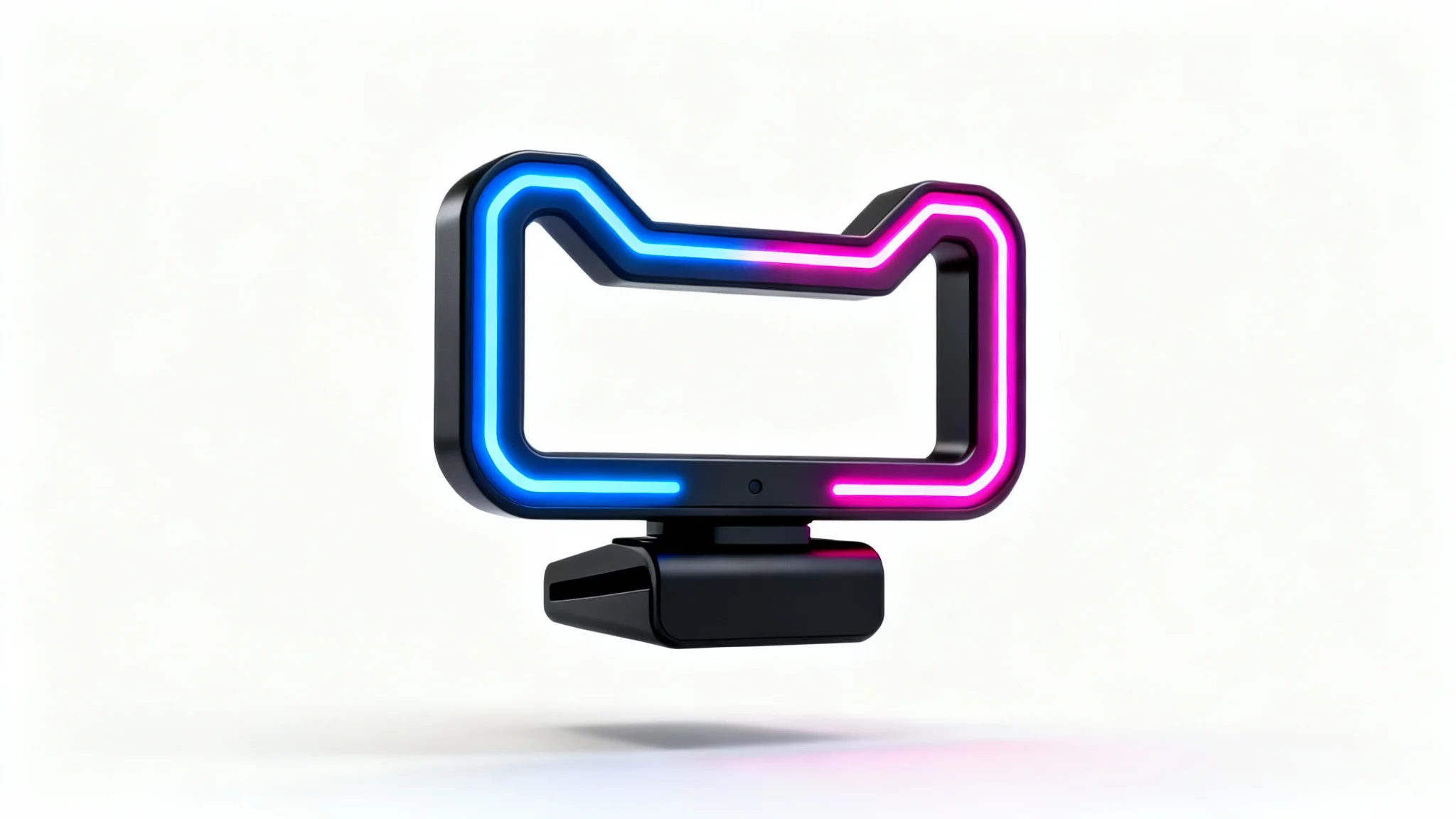 A futuristic Twitch webcam frame with a geometric design and glowing blue and magenta neon lines, displayed as a product mockup on a clean white background.