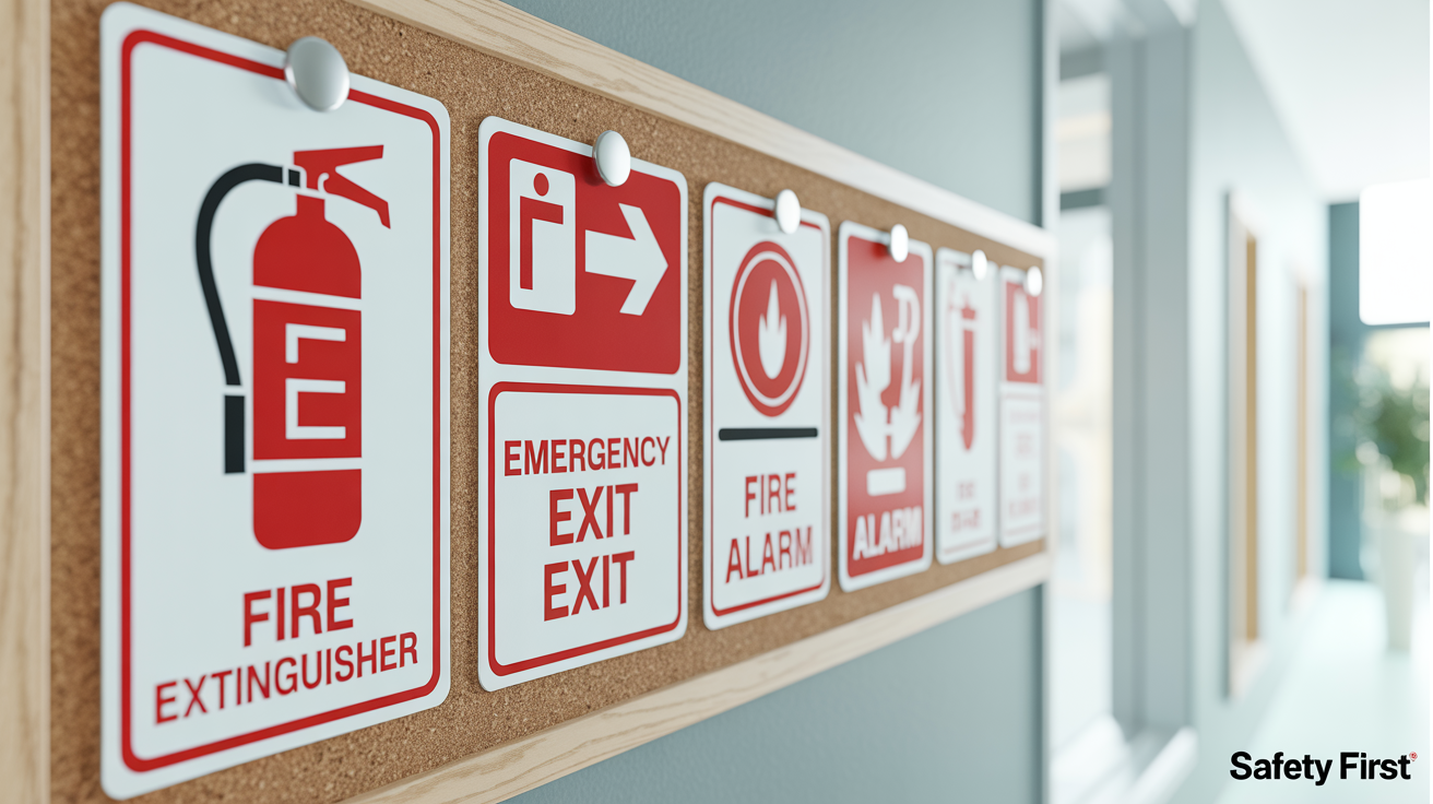 A collection of professionally printed red and white fire safety signs pinned to a bulletin board in a modern office setting, showing clear instructions for fire extinguishers and emergency exits.