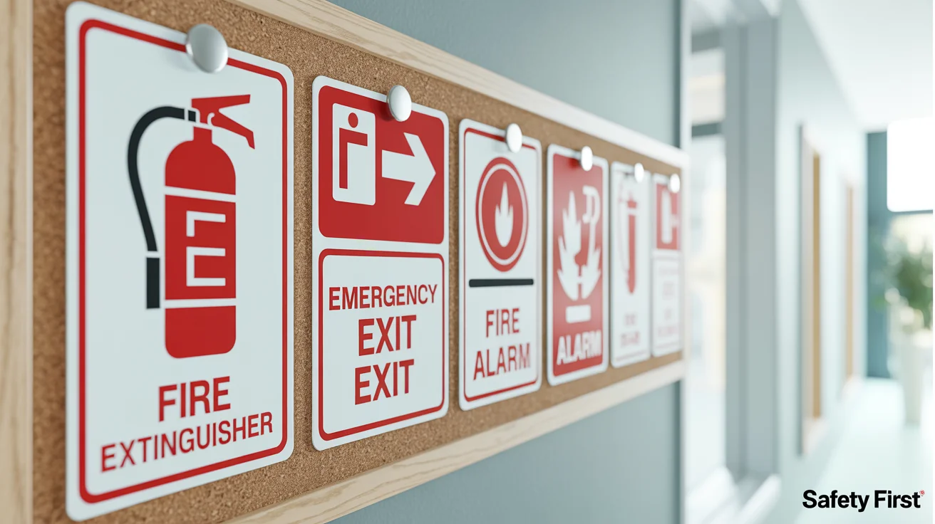 A collection of professionally printed red and white fire safety signs pinned to a bulletin board in a modern office setting, showing clear instructions for fire extinguishers and emergency exits.