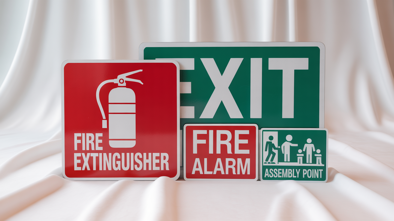 A collection of professionally designed, printable fire safety signs, including 'Fire Extinguisher,' 'Exit,' 'Fire Alarm,' and 'Assembly Point,' displayed on a white background.