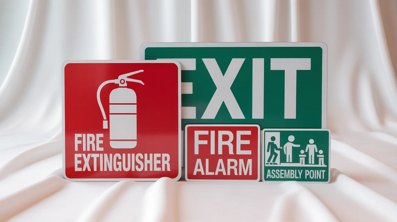 A collection of professionally designed, printable fire safety signs, including 'Fire Extinguisher,' 'Exit,' 'Fire Alarm,' and 'Assembly Point,' displayed on a white background.