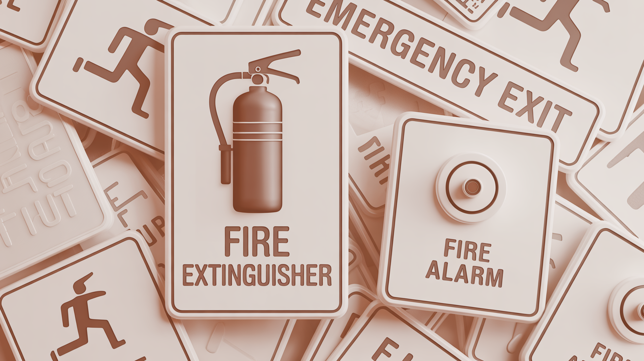 A collection of professionally designed printable fire safety signs, including a 'FIRE EXTINGUISHER' sign and an 'EMERGENCY EXIT' sign, arranged neatly on a white background.