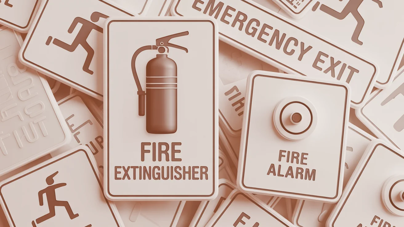 A collection of professionally designed printable fire safety signs, including a 'FIRE EXTINGUISHER' sign and an 'EMERGENCY EXIT' sign, arranged neatly on a white background.