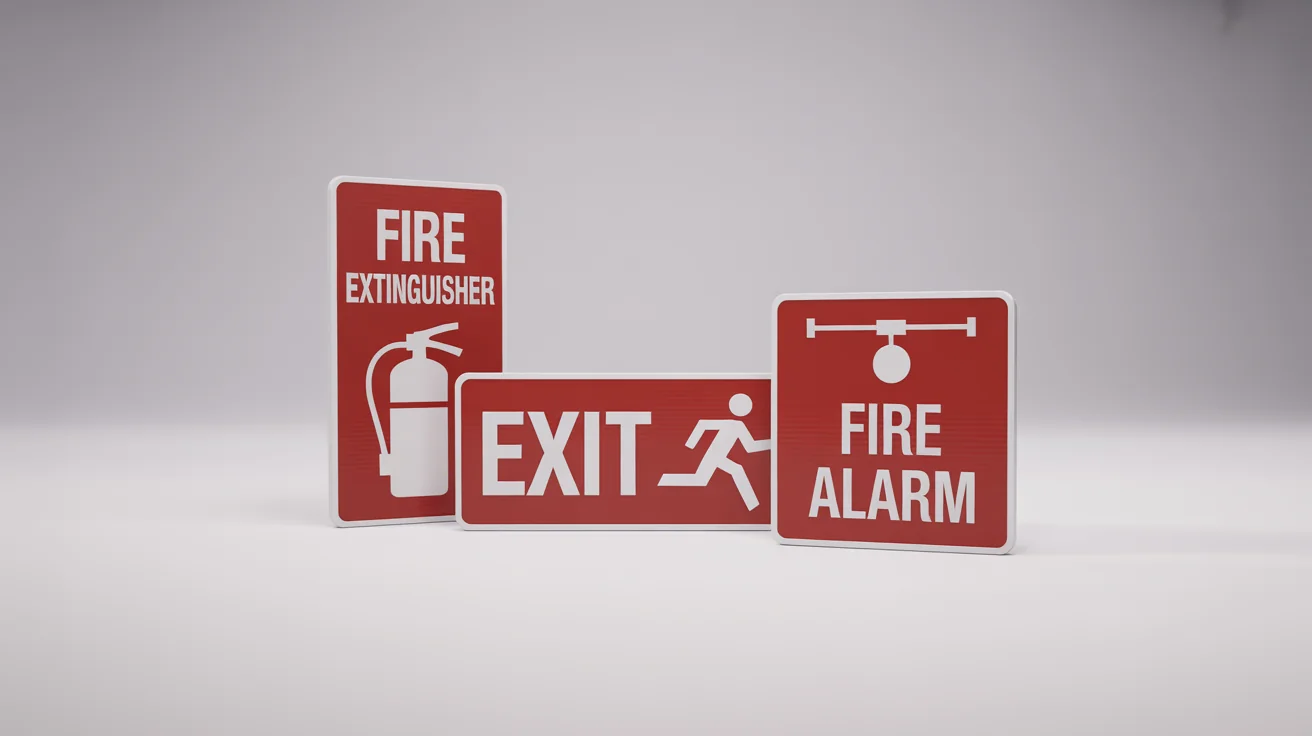 A collection of printable fire safety signs, including a red 'FIRE EXTINGUISHER' sign, a green 'EXIT' sign, and a red 'FIRE ALARM' sign, displayed on a white background.