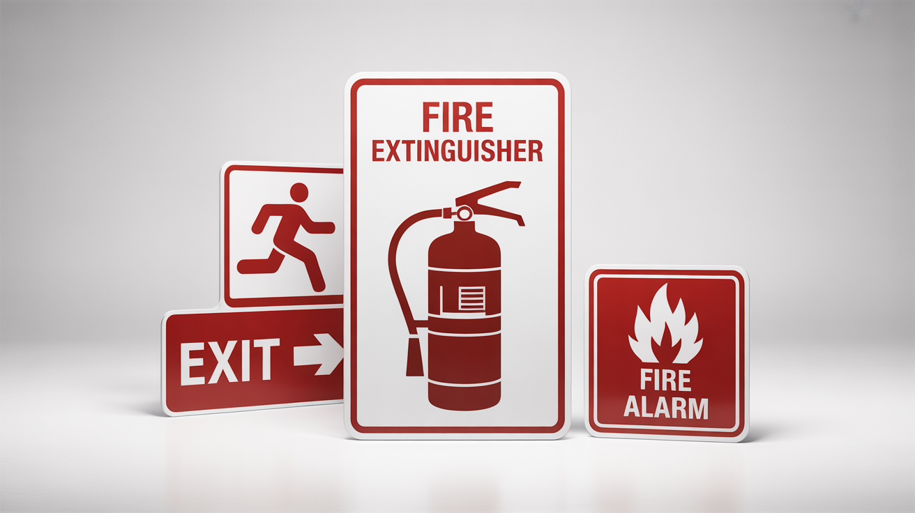 A professional mockup of three red and white printable fire safety signs on a clean white background, showing signs for 'FIRE EXTINGUISHER', 'EXIT', and 'FIRE ALARM'.