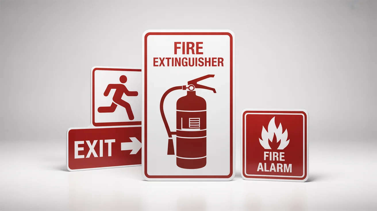A professional mockup of three red and white printable fire safety signs on a clean white background, showing signs for 'FIRE EXTINGUISHER', 'EXIT', and 'FIRE ALARM'.