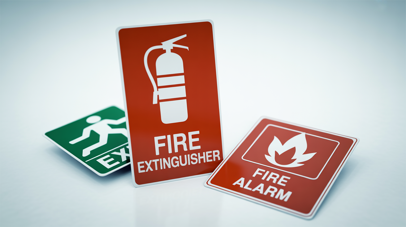 A mockup of three printable fire safety signs: a red 'FIRE EXTINGUISHER' sign, a green 'EXIT' sign, and a red 'FIRE ALARM' sign, all arranged neatly on a white background.