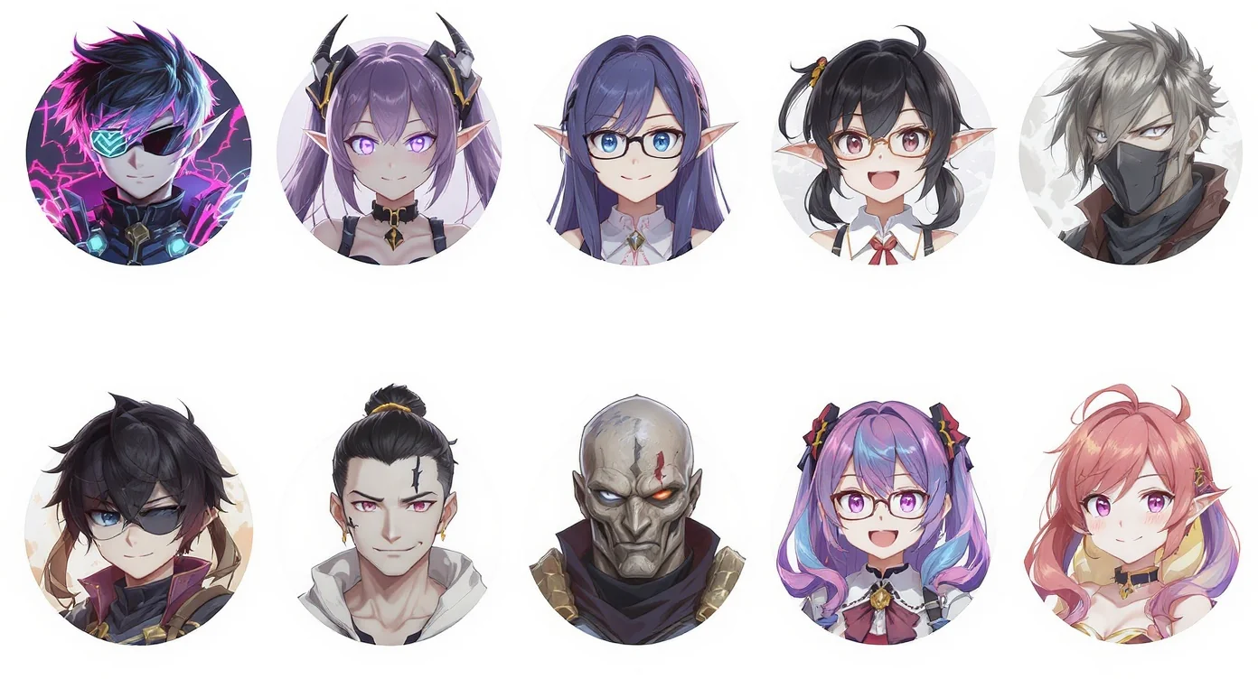 A vibrant grid collage of nine unique and diverse anime-style avatars, showcasing different character designs from sci-fi to fantasy, all set against a clean white background.