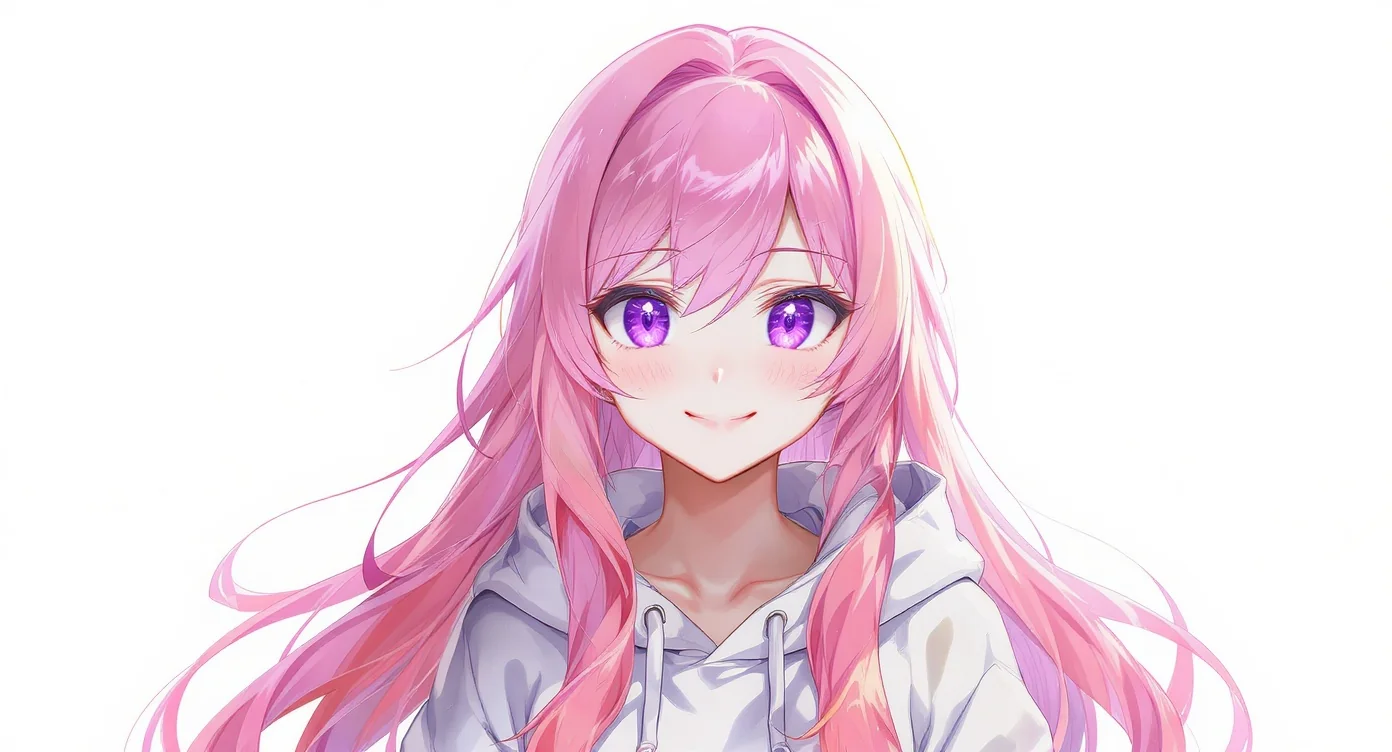A high-quality digital anime avatar of a young woman with pastel pink hair and purple eyes, smiling gently against a plain white background.