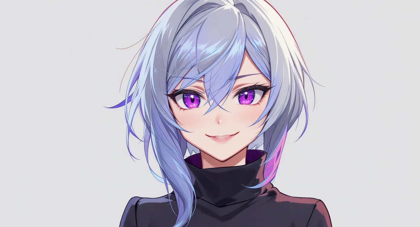 A detailed anime avatar of a young woman with silver and neon blue hair and purple eyes, smiling confidently against a plain light gray background.