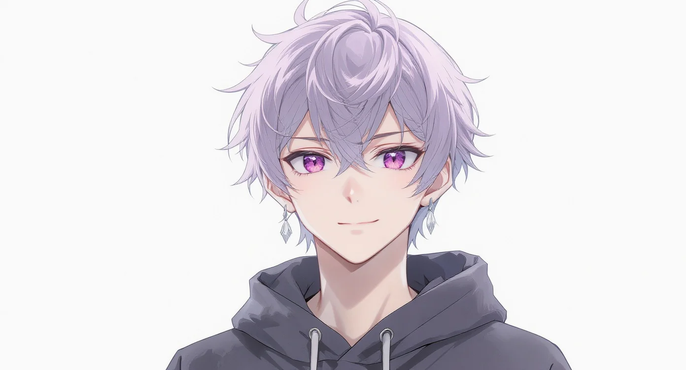 A close-up portrait of a unique anime avatar of a person with lavender and silver hair and vibrant purple eyes, set against a plain white background.