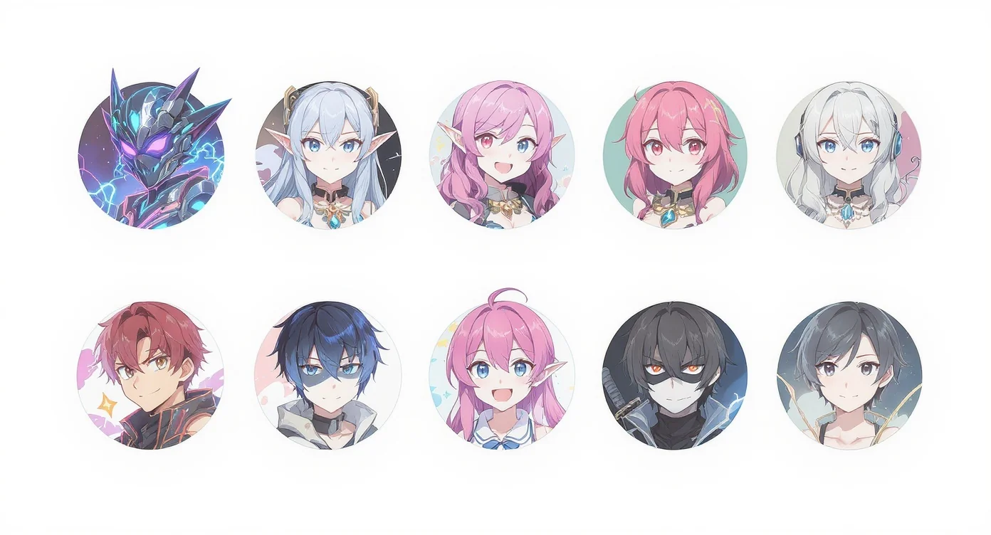 A grid of nine circular icons on a white background, each featuring a different, high-quality anime-style avatar, showcasing a variety of character designs and art styles.