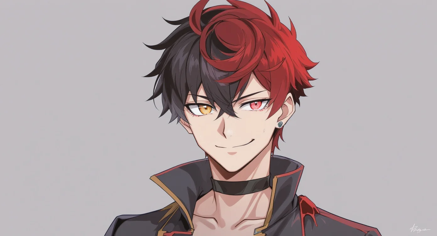 A unique anime avatar of a young man with two-toned red and black hair and different colored eyes, smirking confidently against a plain light gray background.