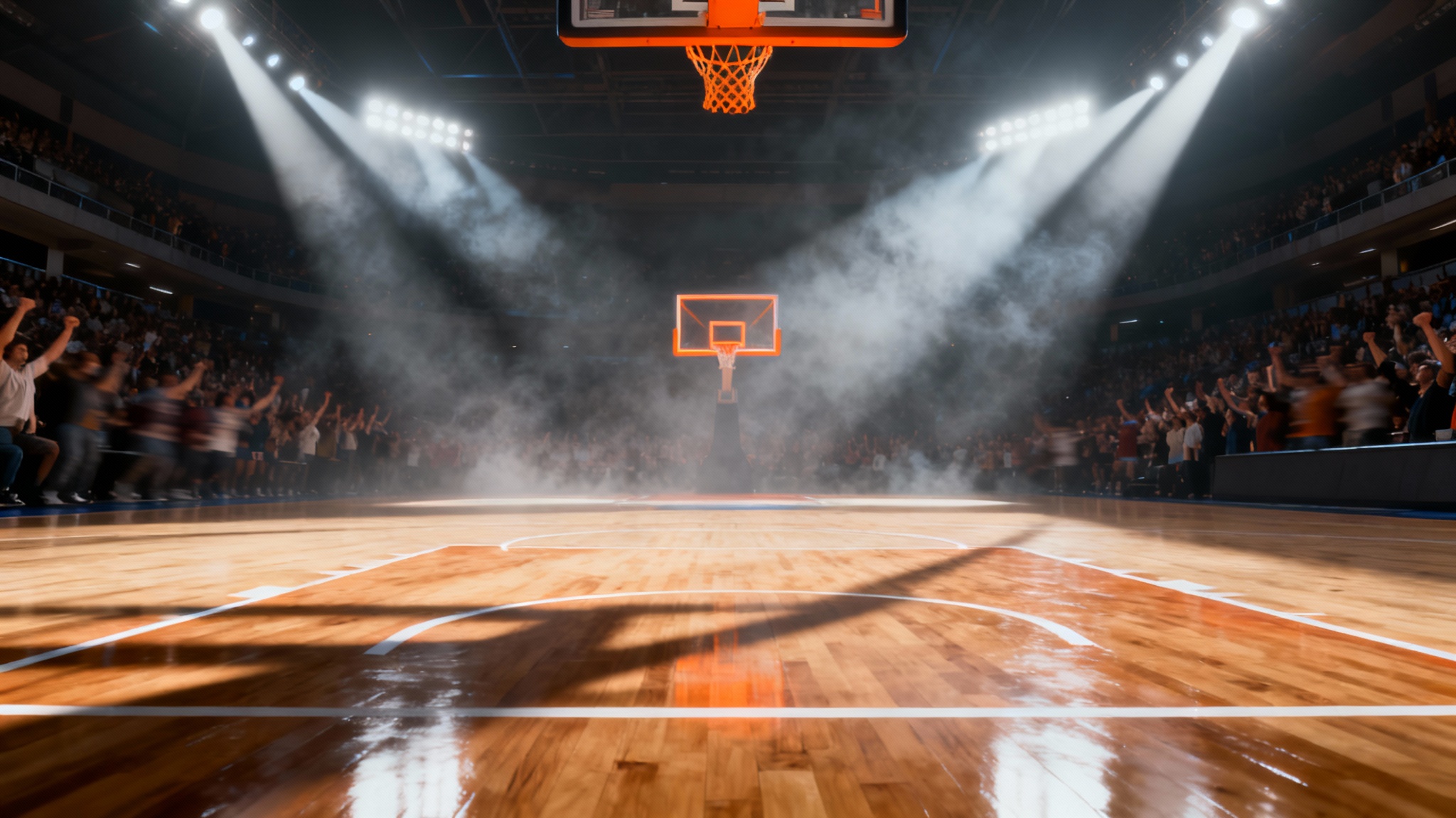A vibrant, wide-angle 3D rendering of an empty basketball court, with polished floors reflecting bright stadium lights and stands full of cheering fans in the background.