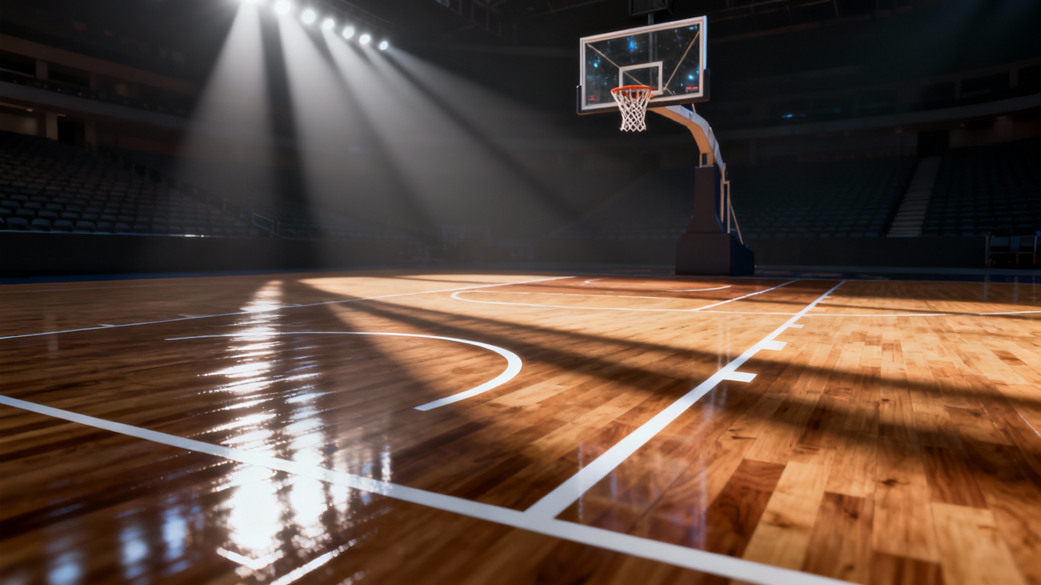 A hyperrealistic 3D render of a professional basketball court from a low angle, with dramatic spotlights gleaming on the polished wooden floor and an empty hoop in the distance.
