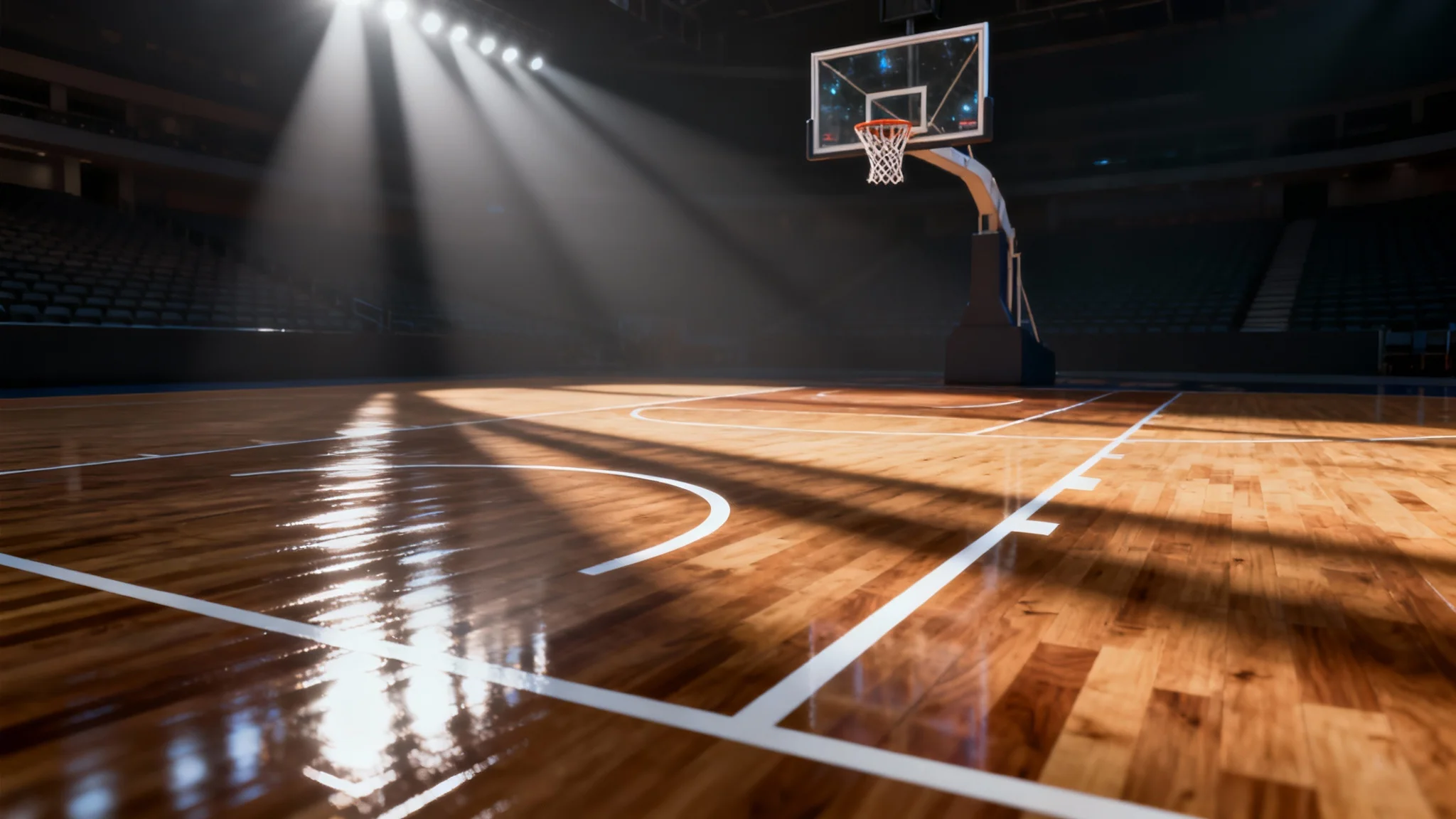 A hyperrealistic 3D render of a professional basketball court from a low angle, with dramatic spotlights gleaming on the polished wooden floor and an empty hoop in the distance.