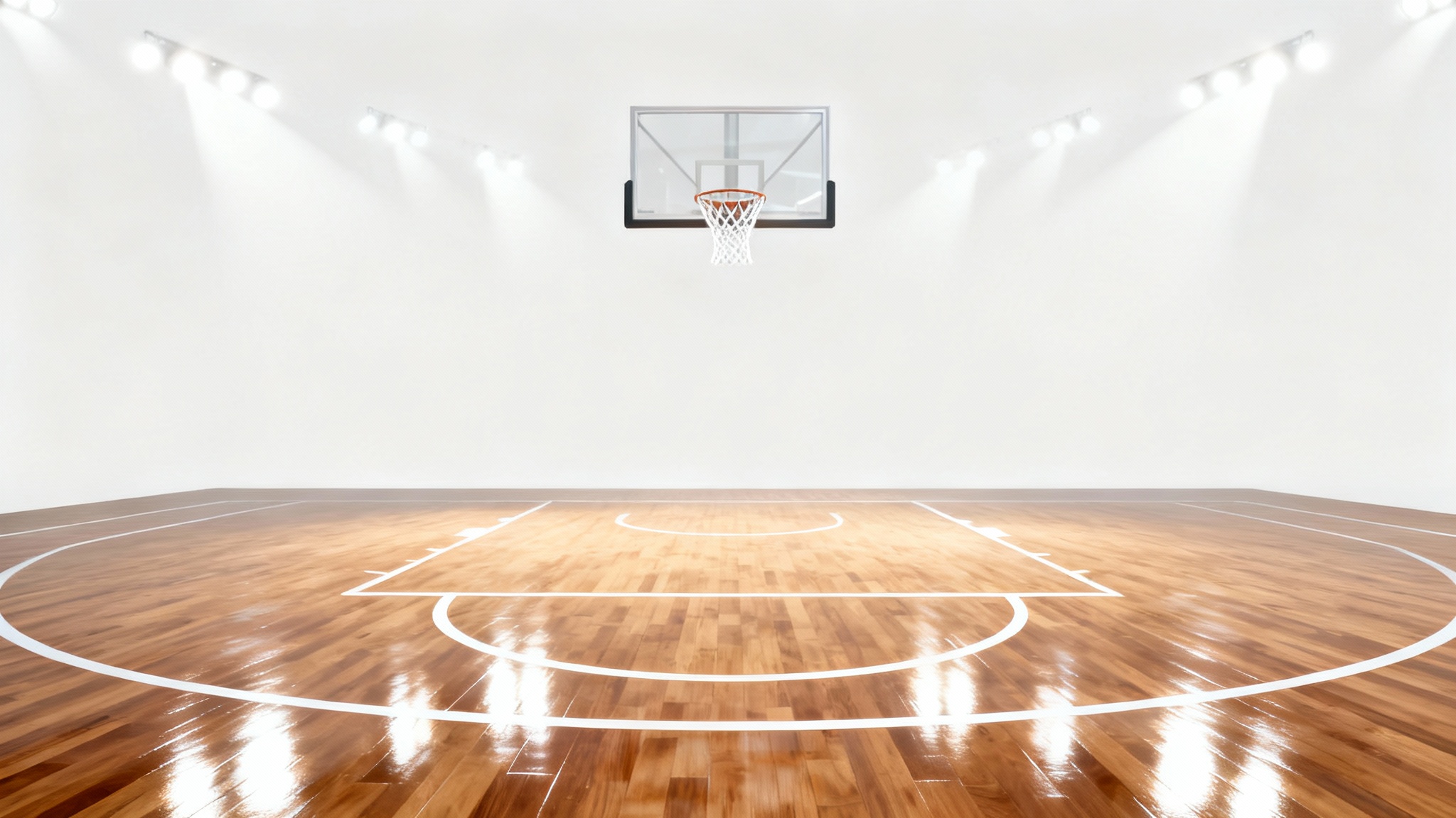 A hyper-realistic 3D render of a professional basketball court, featuring a polished wooden floor and a hoop, set against a clean white background.