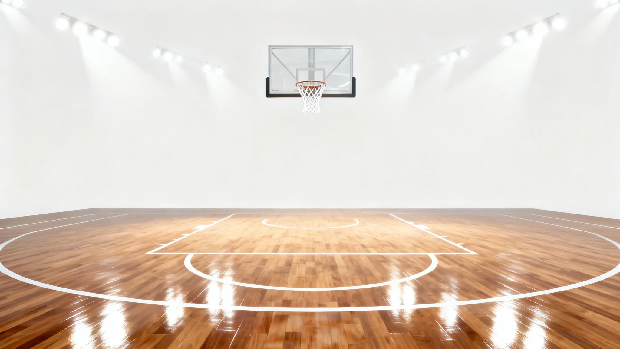 A hyper-realistic 3D render of a professional basketball court, featuring a polished wooden floor and a hoop, set against a clean white background.