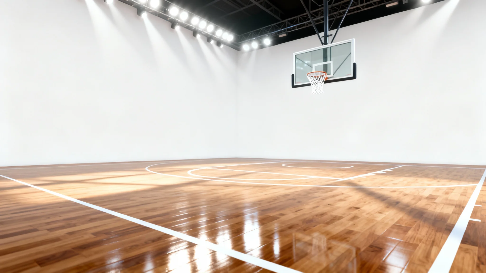 A photorealistic 3D rendering of a professional basketball court with a polished wooden floor, viewed from a low angle against a clean white background.