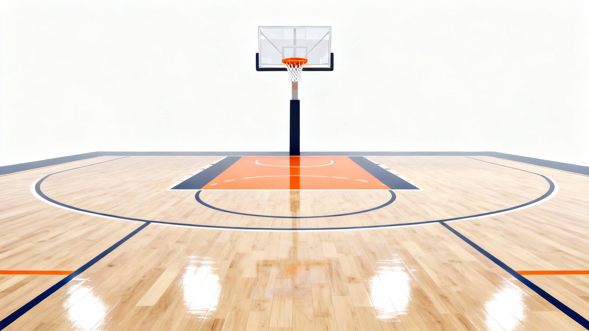 A 3D rendering of a professional basketball court from a side-angle view, showing the polished hardwood floor and a distant hoop, all set against a clean white background.