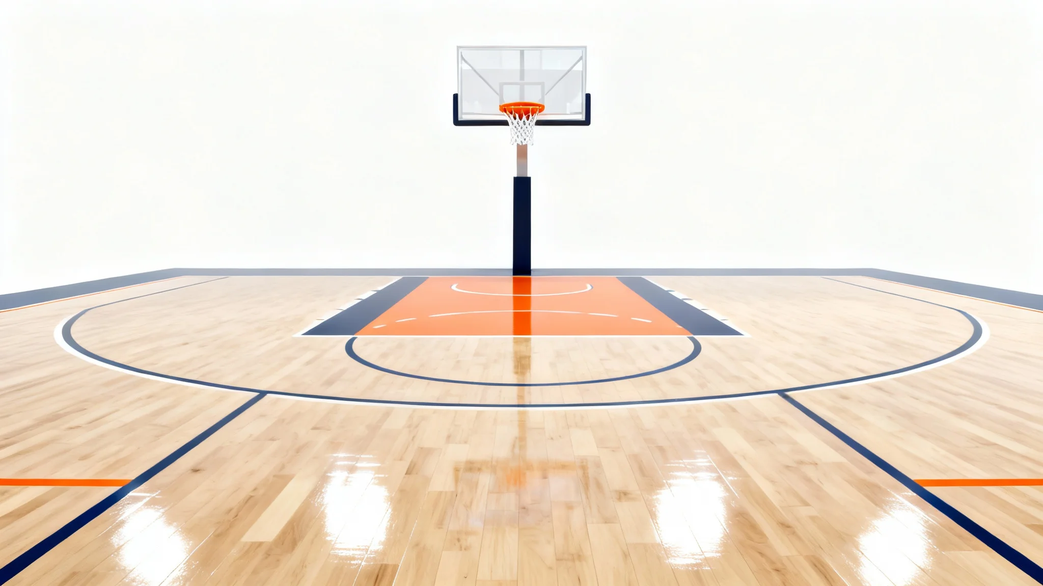 A 3D rendering of a professional basketball court from a side-angle view, showing the polished hardwood floor and a distant hoop, all set against a clean white background.