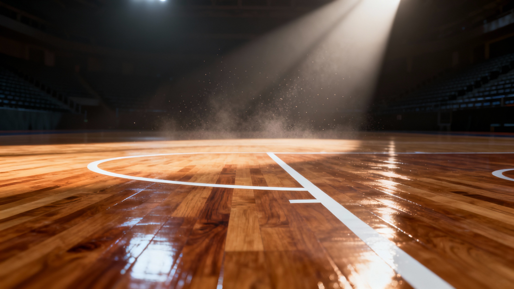 A dramatic, low-angle 3D rendering of an empty professional basketball court, with bright spotlights illuminating the polished hardwood floor.
